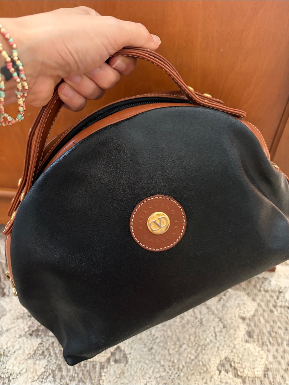 Valentino Garavani Black and Brown Leather Mini Dome Bag